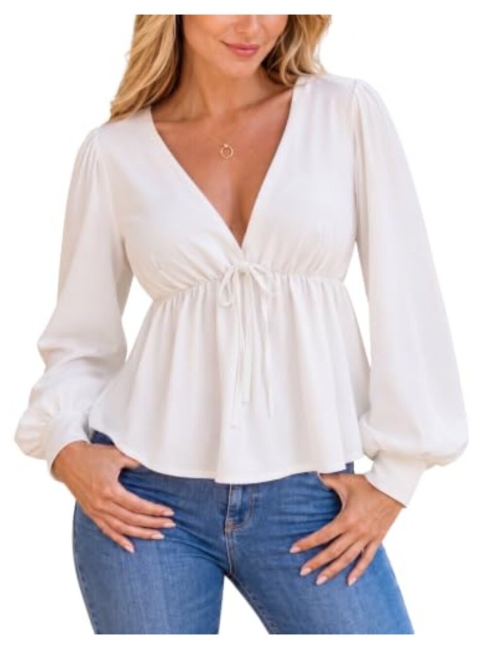 Womens Babydoll Peplum Top Long Balloon Sleeve Deep V Neck Tie Front Blouse